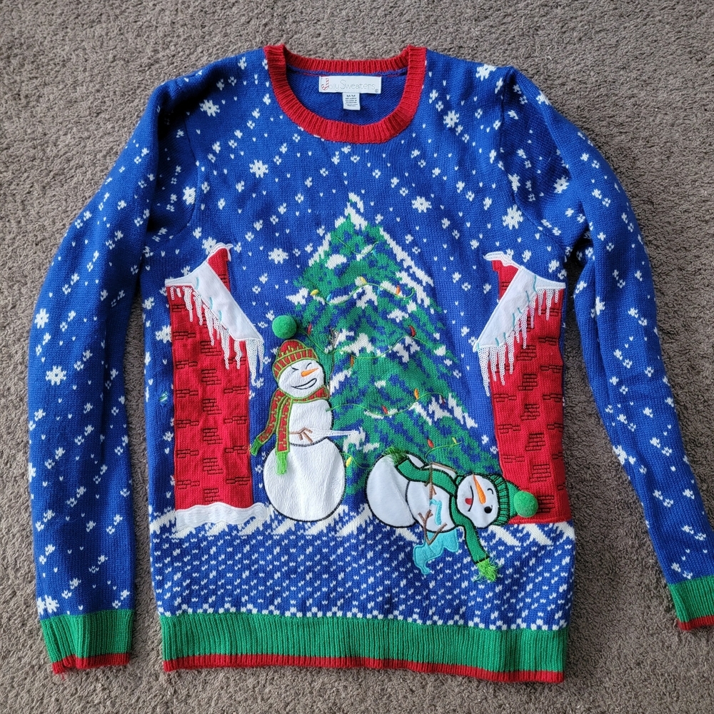 Jolly Sweaters Novelty Winter Wonderland Blue Snowman Sweater Medium Acrylic